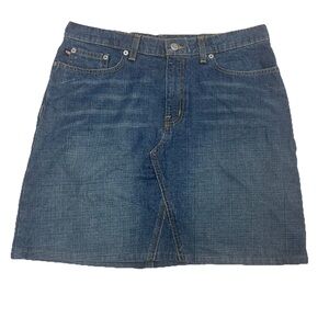 Ralph Lauren Blue Denim Mini Jean Skirt Size 10 Leather Logo Patch RL USA Flag